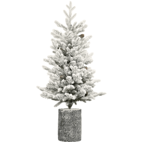 Artificial 4.5ft decorated flocking basin tree with 720 PE/PVC Mixed Branch Tips, Pine cone *19, 150L wram white light, Holiday Decorating