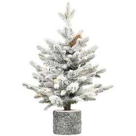 Artificial 2ft decorated flocking basin tree with 189 PE/PVC Mixed Branch Tips, Pine cone *3, 30L wram white light, Holiday Decorating