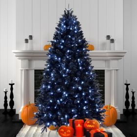 7ft Black Christmas Tree with 450 White LED Lights, 1916 Tips PE+PVC Artificial Tree for Halloween & Holiday Decor
